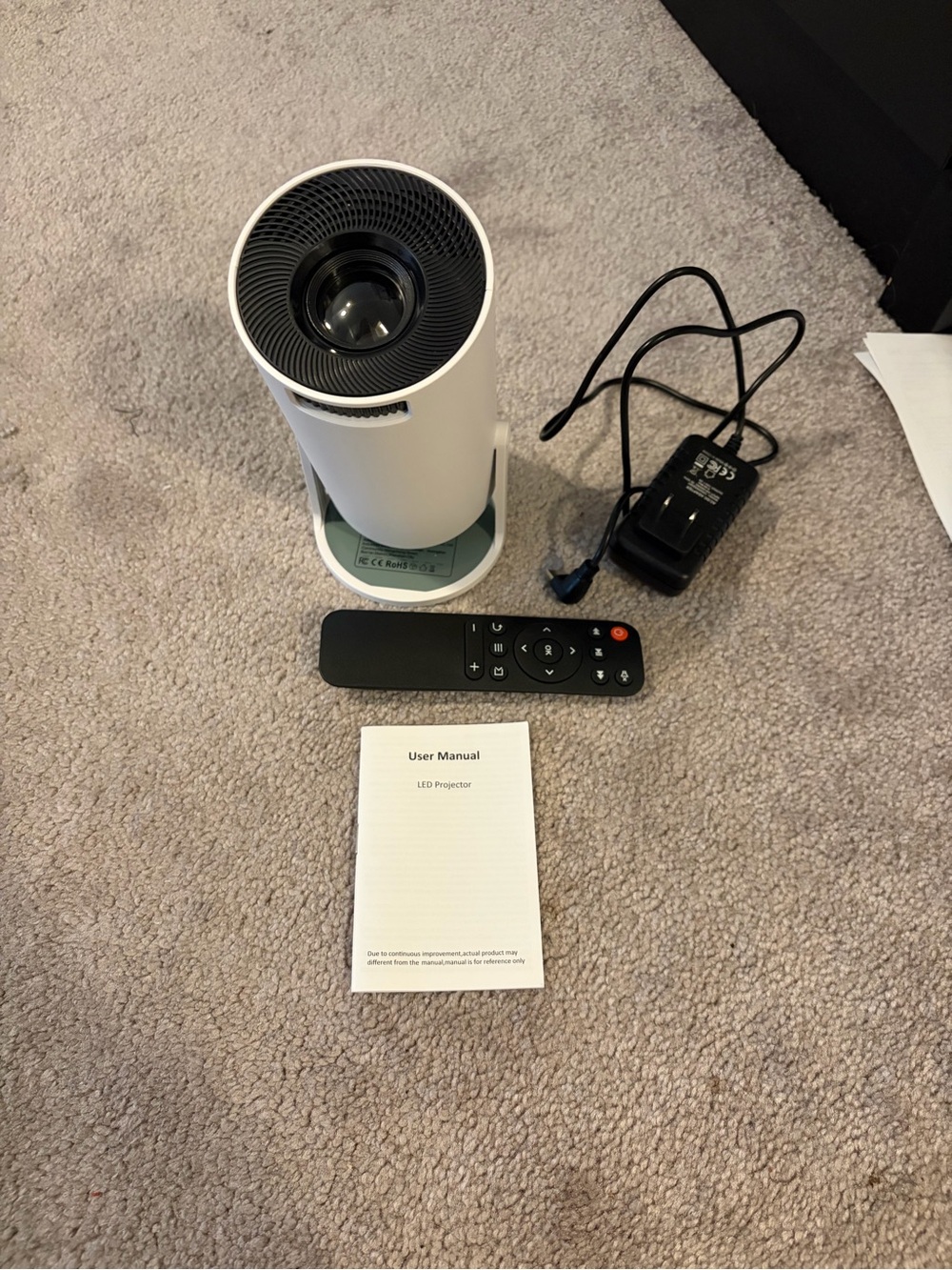 Compact White Portable LED Projector with Remote and Power Adapter